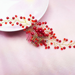 Accesoriu elegant pentru decor par AP011FF Auriu cu cristale si perle Rosii